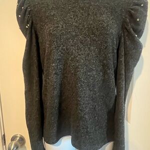 Zara Dark Charcoal Puff-Sleeve Crew Sweater with Studs